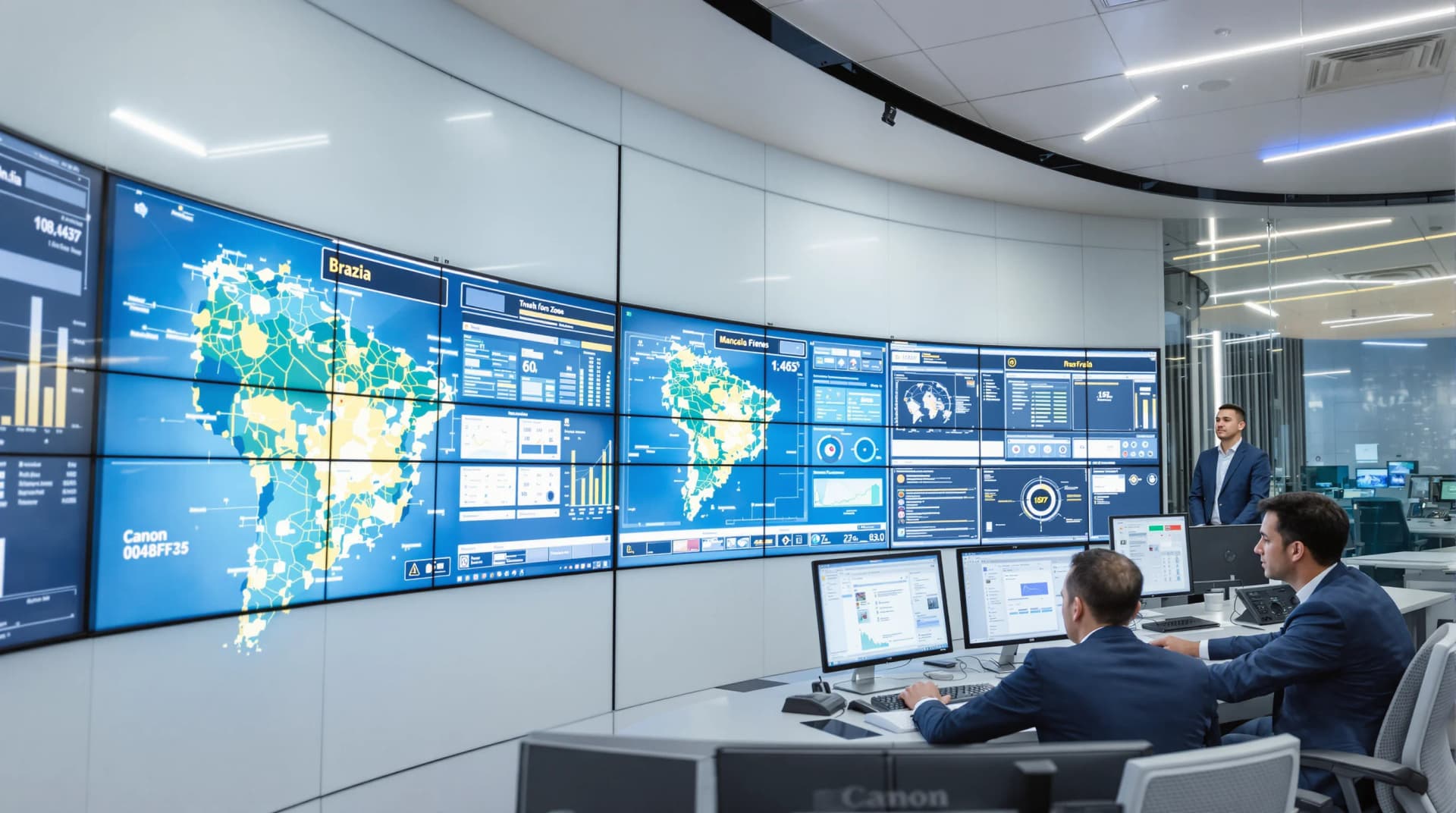 Análise de segurança executiva do Brasil 2025 mostrando centros de comando, mapas de ameaças e profissionais de proteção monitorando riscos corporativos