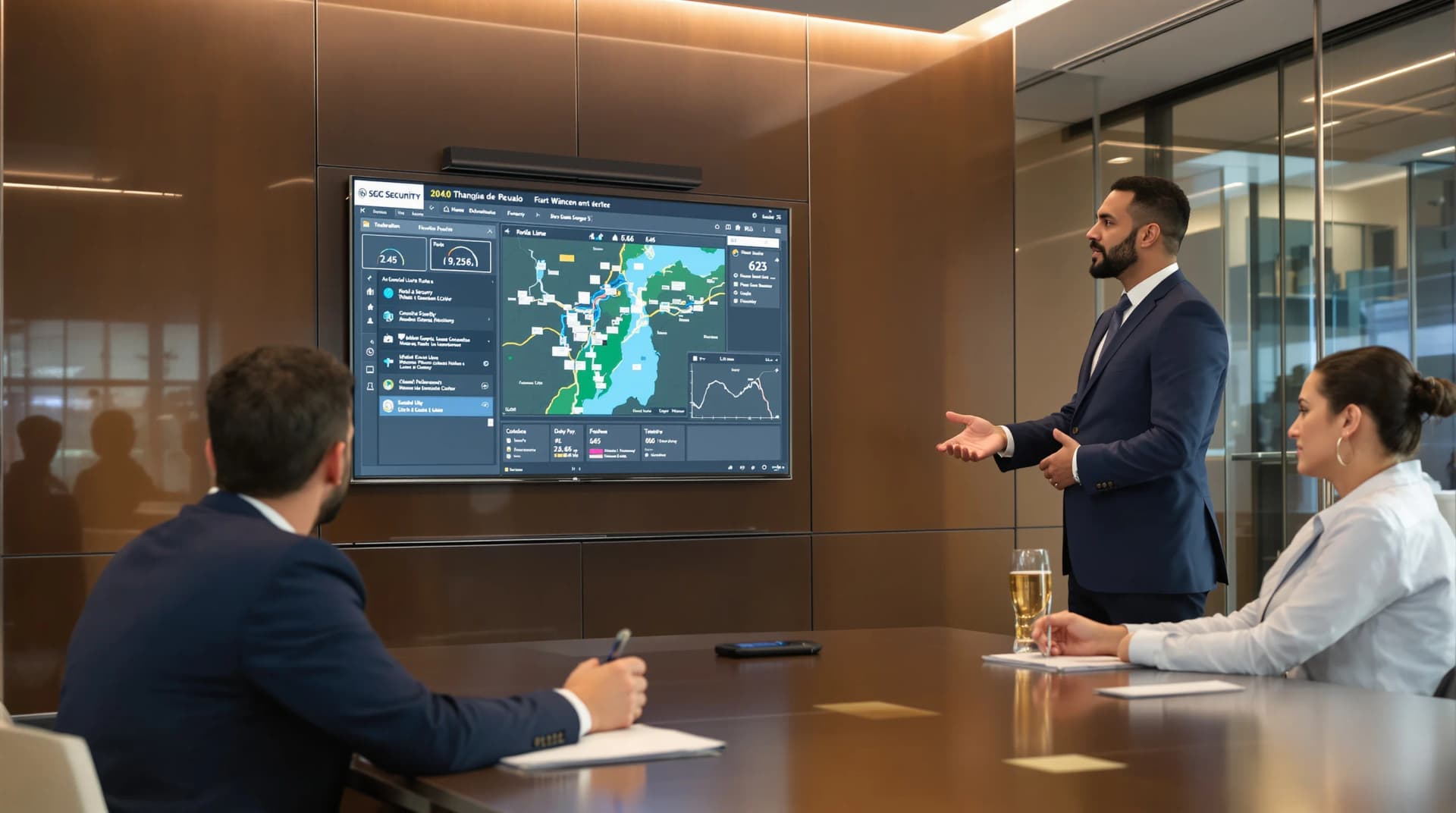 Professional security coordinator presenting intelligence briefing to family office client
