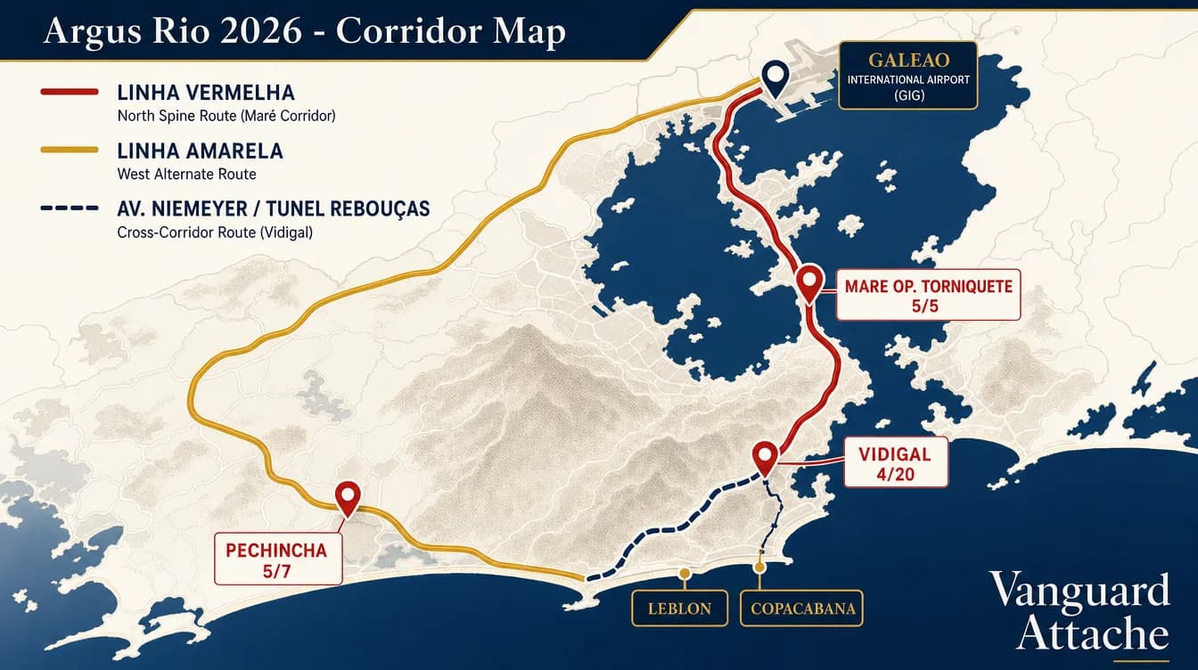 Map of the three primary Rio corridors with the May 4–7 disruption pins (Maré, Vidigal, Pechincha)