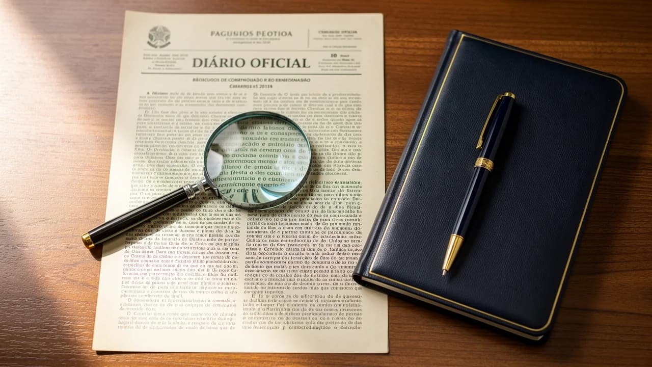 Mesa de escritório com boletim regulatório brasileiro aberto, lupa e caderno de auditoria