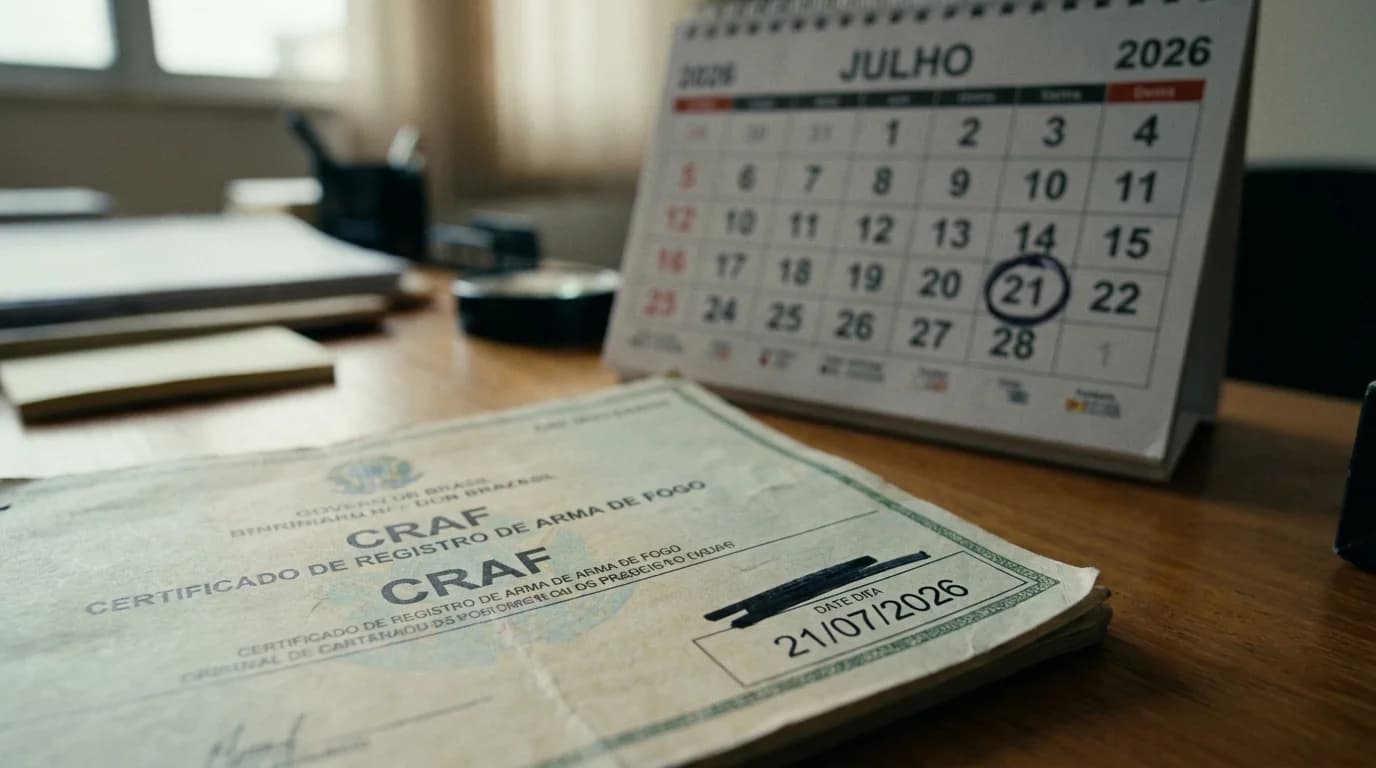 Documento brasileiro CRAF com data de validade 21/07/2026 destacada, sobre mesa de escritório com calendário ao fundo