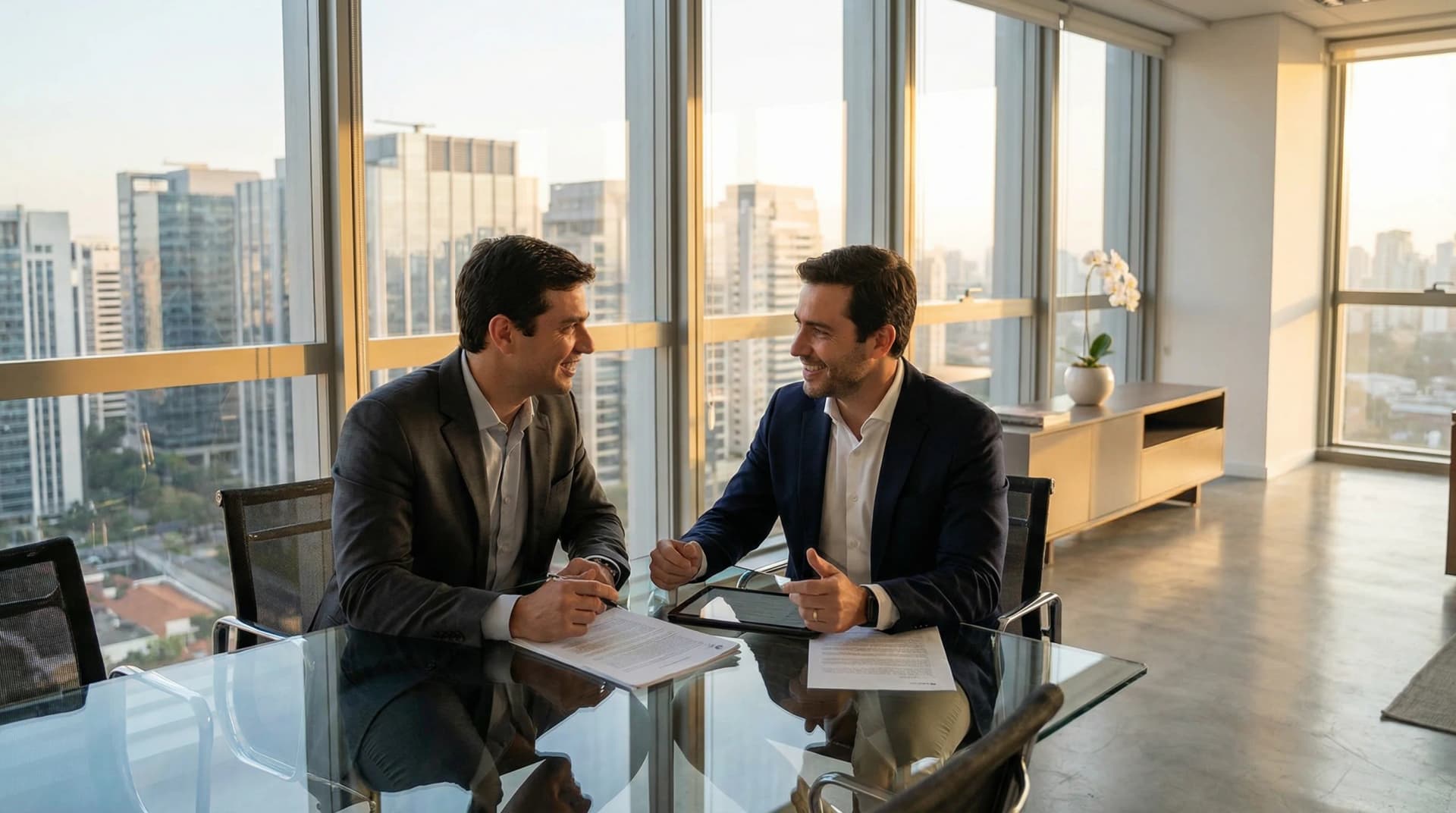 Professional executive stepping out of luxury sedan in modern Brazilian financial district