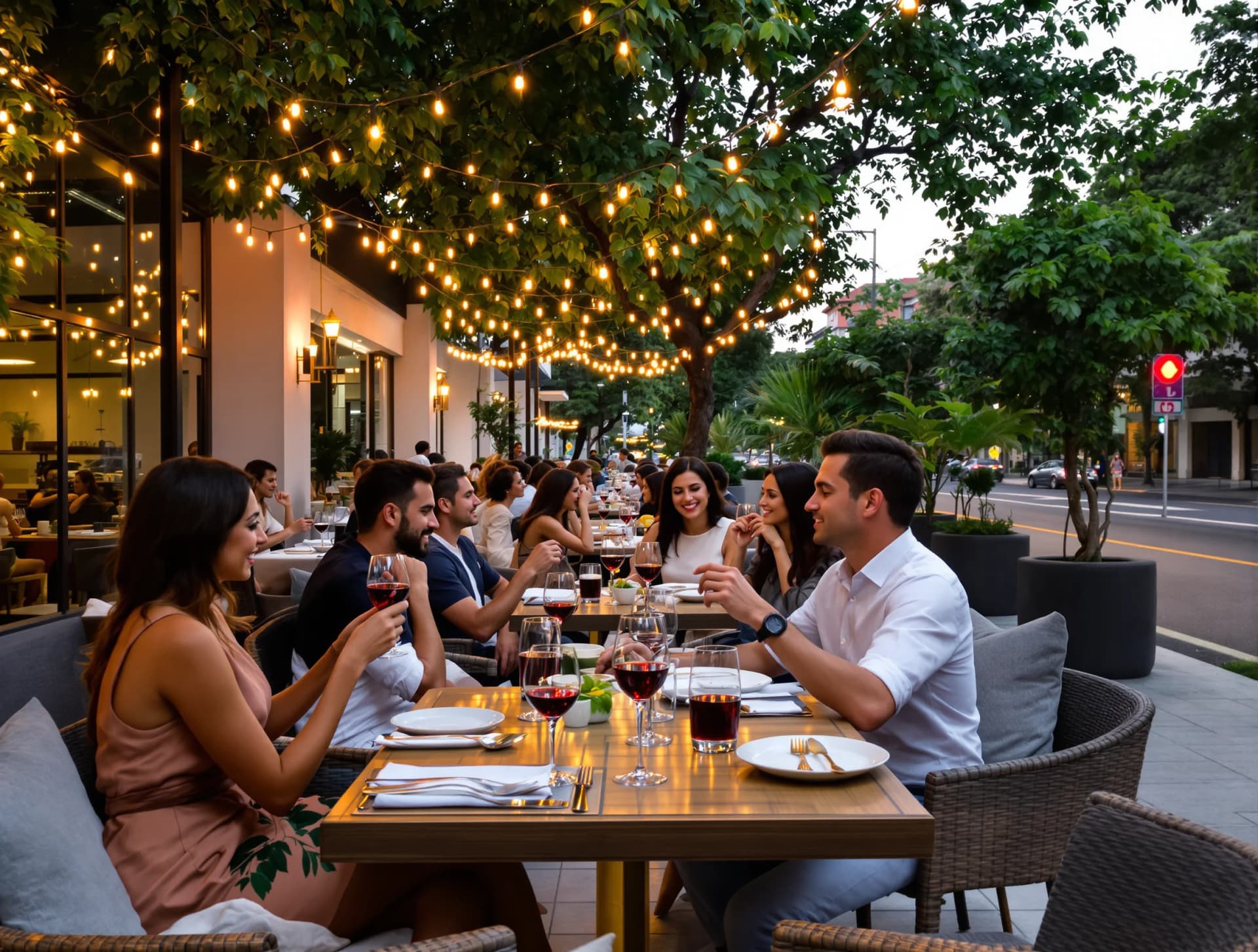 Jantar ao ar livre no bairro Jardins em São Paulo com ruas arborizadas e iluminação noturna
