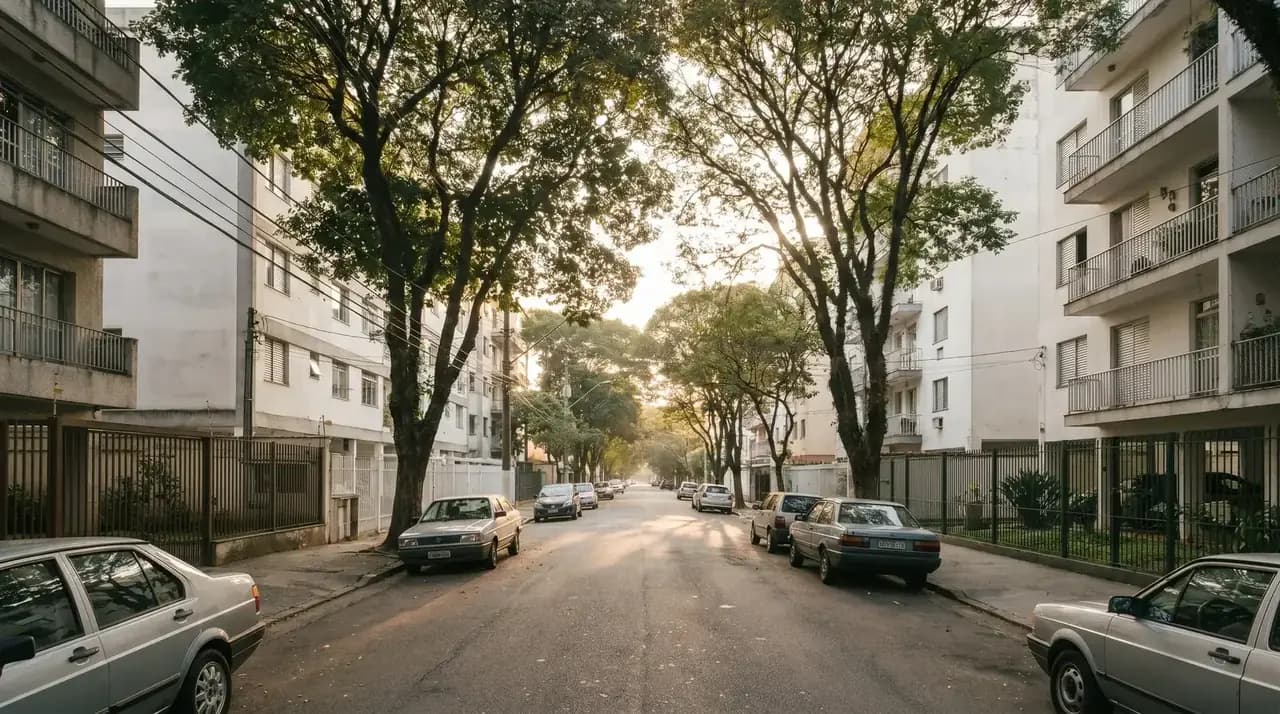 Rua residencial diurna típica da Zona Oeste de São Paulo, com mid-rises e árvores na calçada