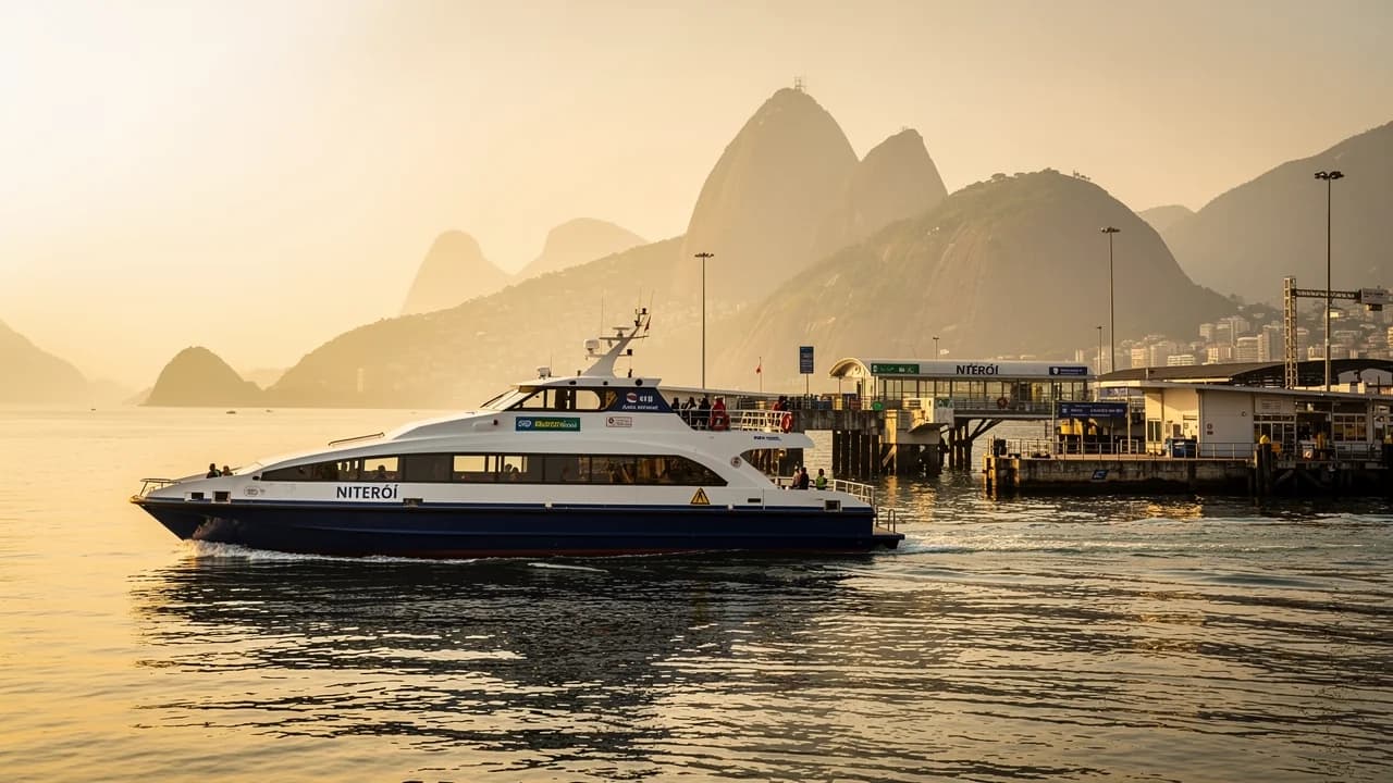 Balsa cruzando a Baía de Guanabara em direção a Niterói no horário dourado