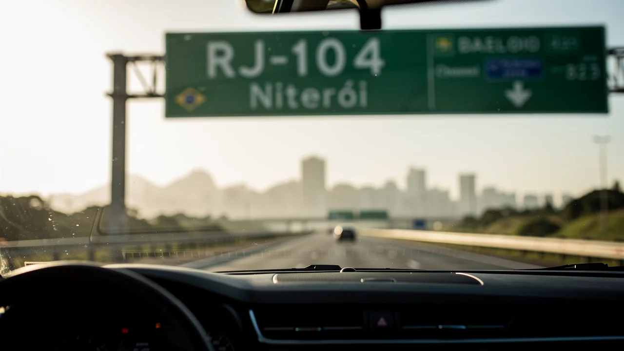 Vista de dentro de sedan na rodovia RJ-104 com placa visível e horizonte de Niterói ao fundo