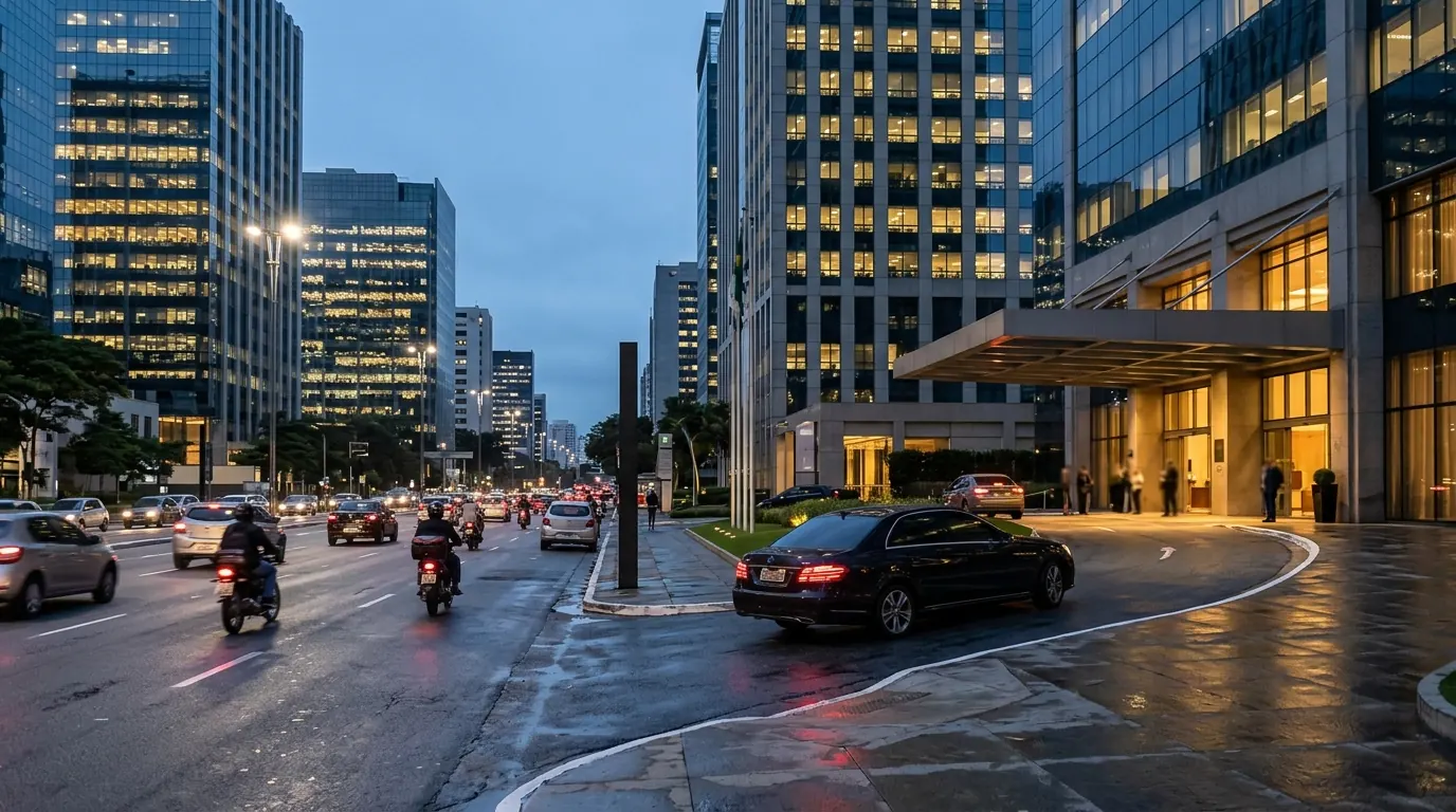 Early evening on the Avenida Brigadeiro Faria Lima corridor in São Paulo, seen from across the avenue: a dark executive sedan turns off the traffic lane into a covered, set-back building entrance, with motorcycles moving in the ordinary traffic flow.