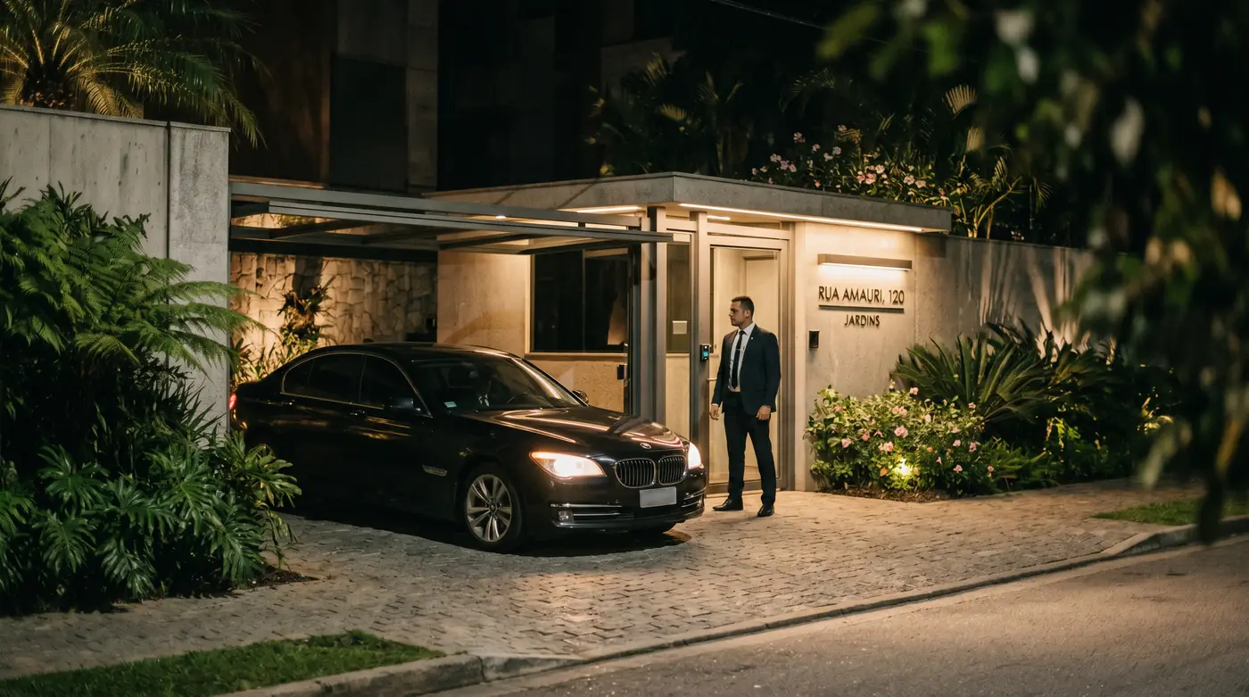 Entrada residencial premium com portão em São Paulo à noite: veículo executivo parado e um operador discreto em posição — o protocolo de pré-liberação em duas etapas no momento da chegada.