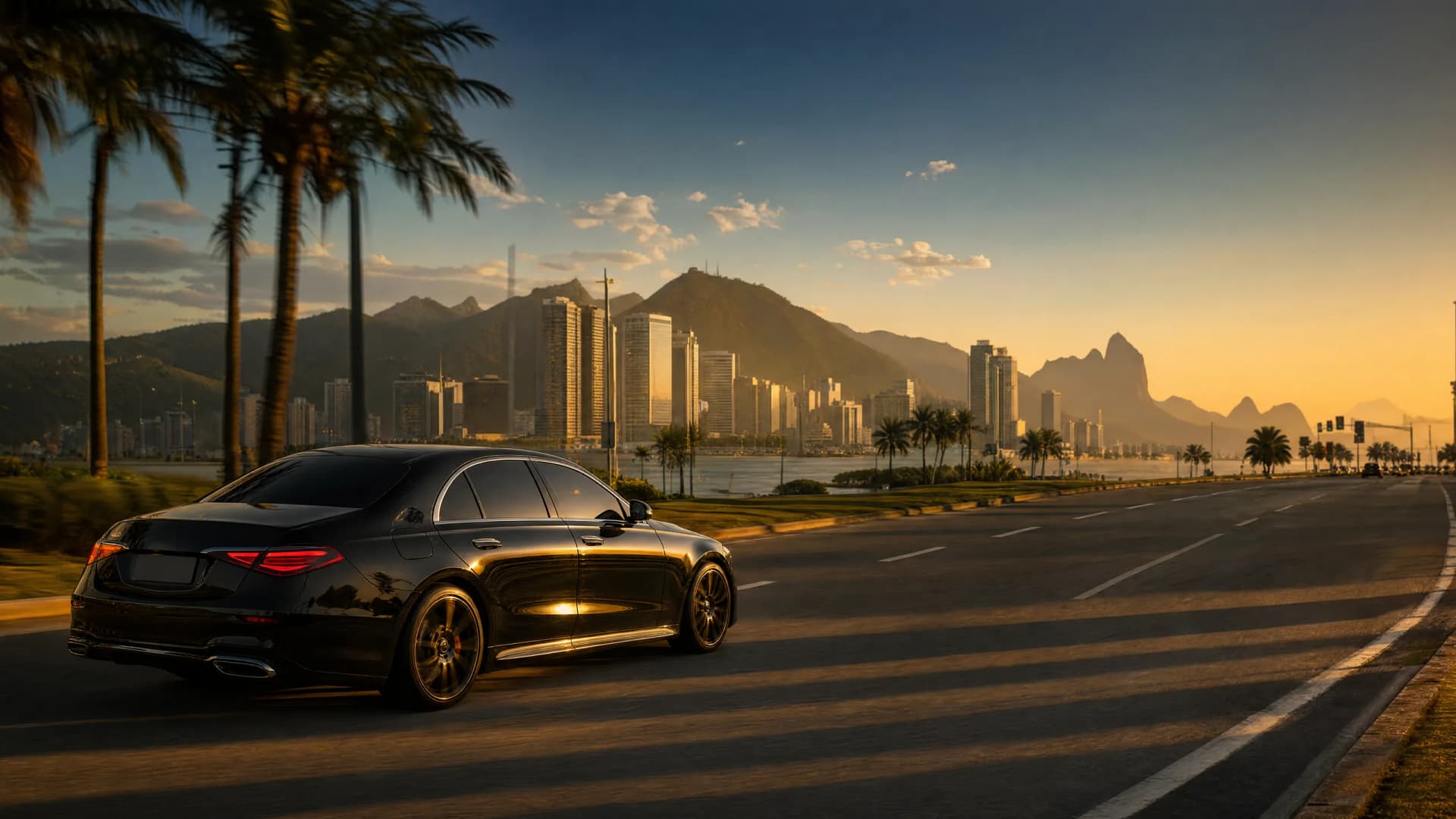 Sedã executivo discreto da Vanguard Attaché em uma avenida arterial do Rio de Janeiro ao entardecer dourado, rumo ao skyline da Zona Sul — Web Summit Rio 2026.