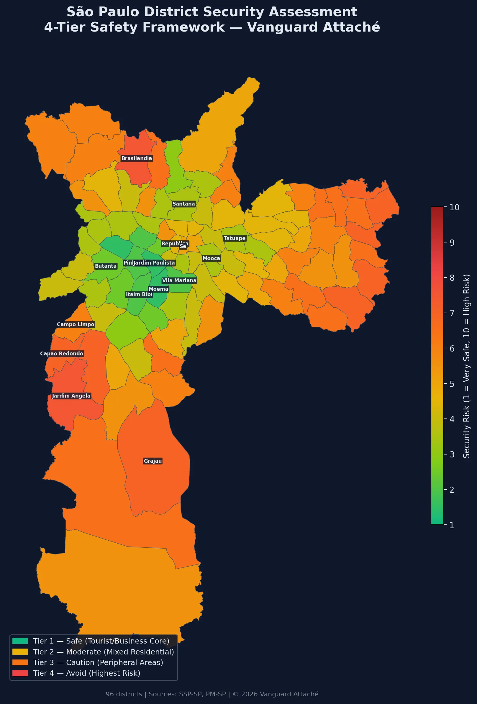 Security map of Sao Paulo's 96 districts with 4-tier risk classification