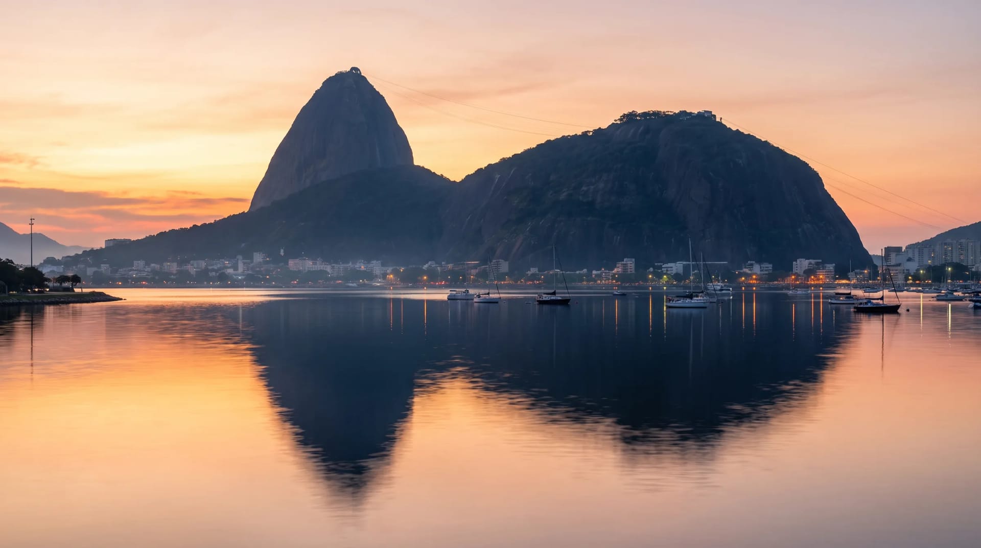 Sugarloaf Mountain and Morro da Urca above Botafogo cove in Rio de Janeiro