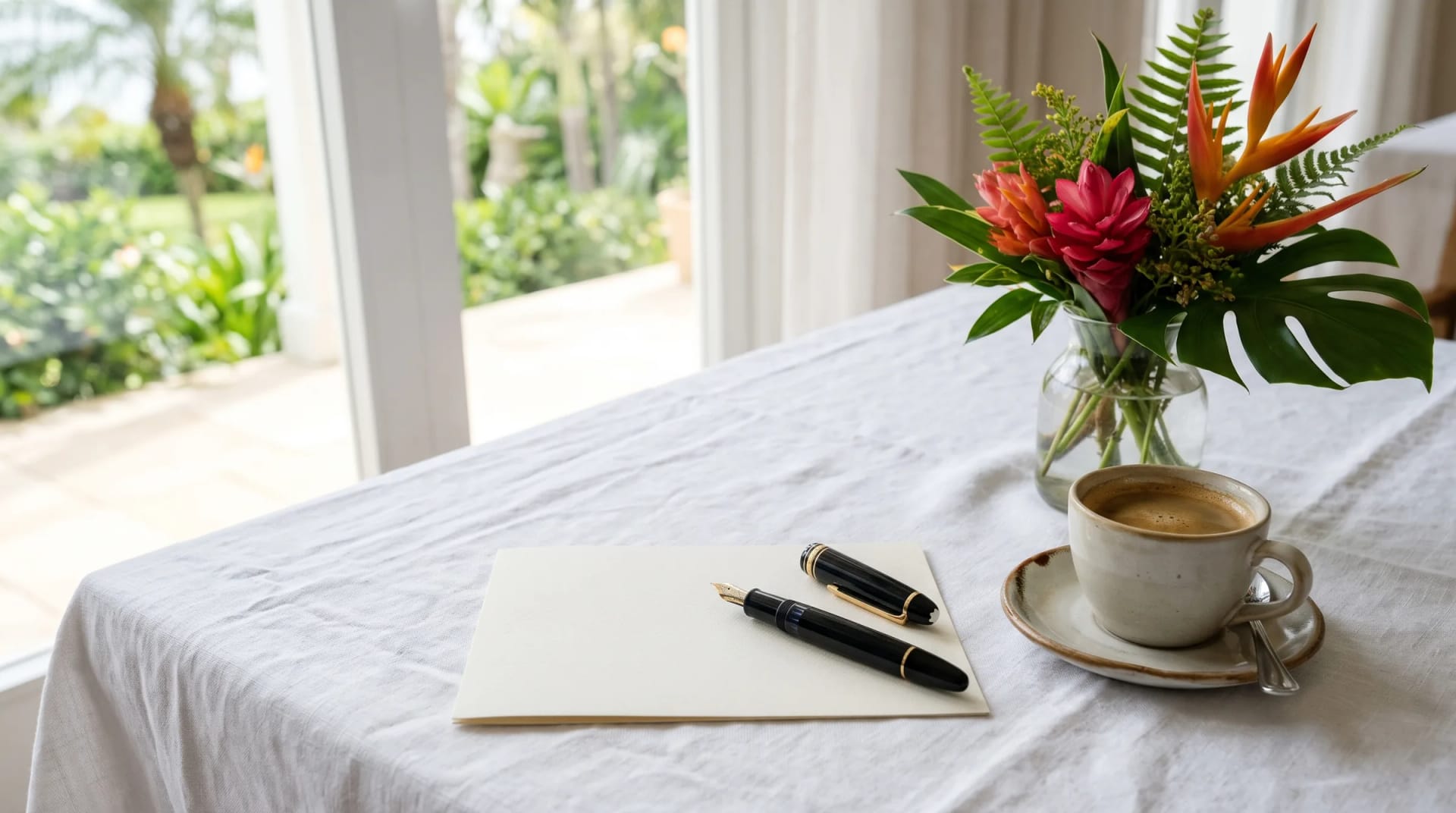 Cartão em branco, caneta-tinteiro, café e flores tropicais sobre uma mesa de linho branco à luz do dia
