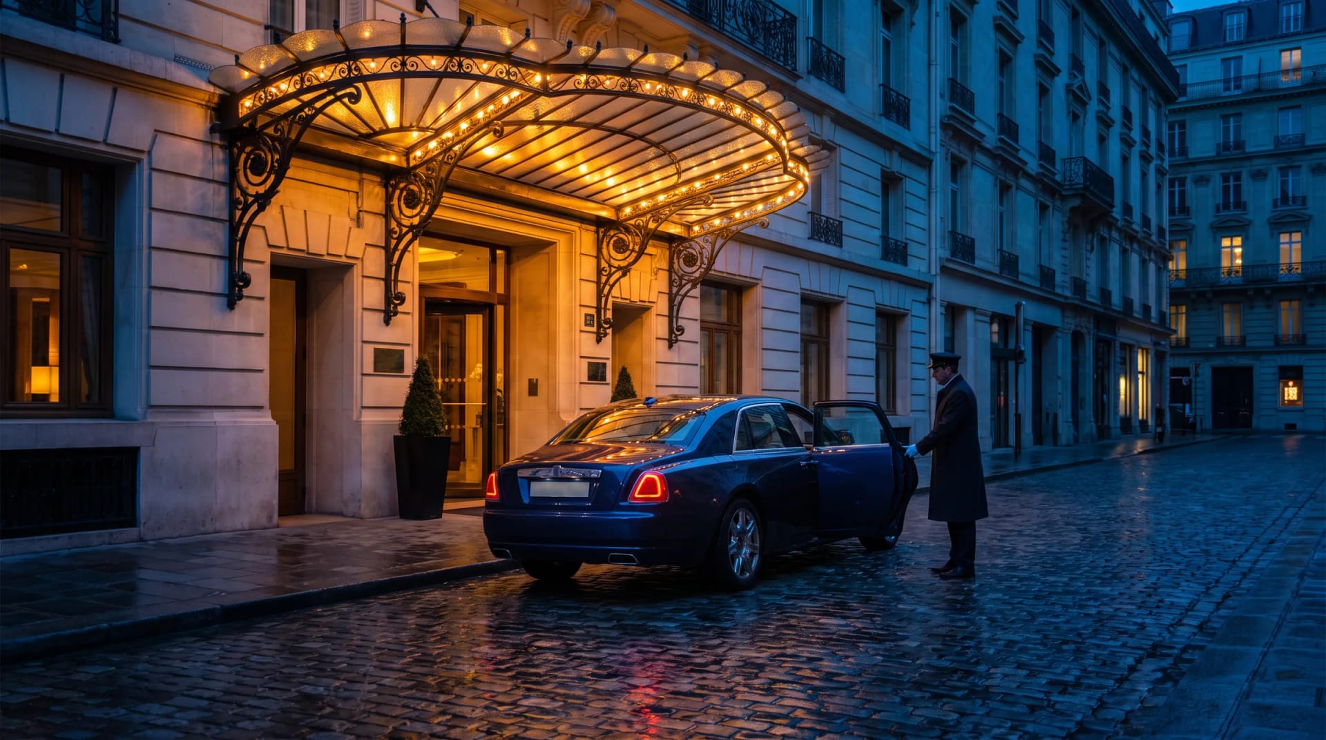 Sedã escuro chegando à entrada de um hotel à noite, com o porteiro abrindo a porta