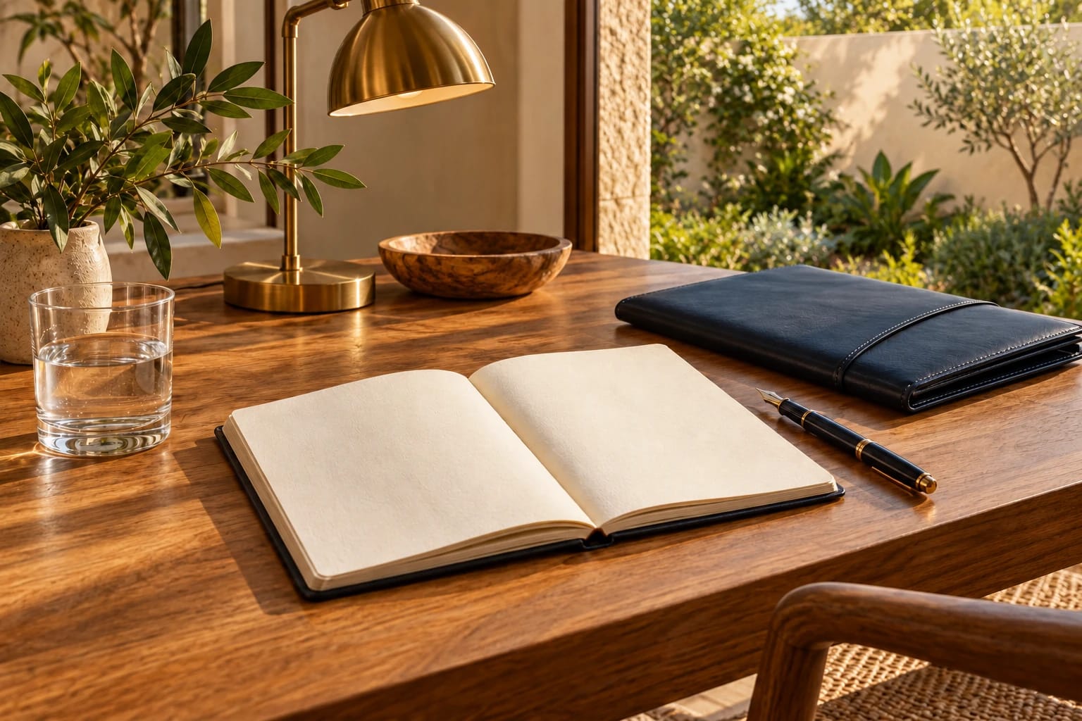 Illustration of a blank notebook and travel folio on a desk