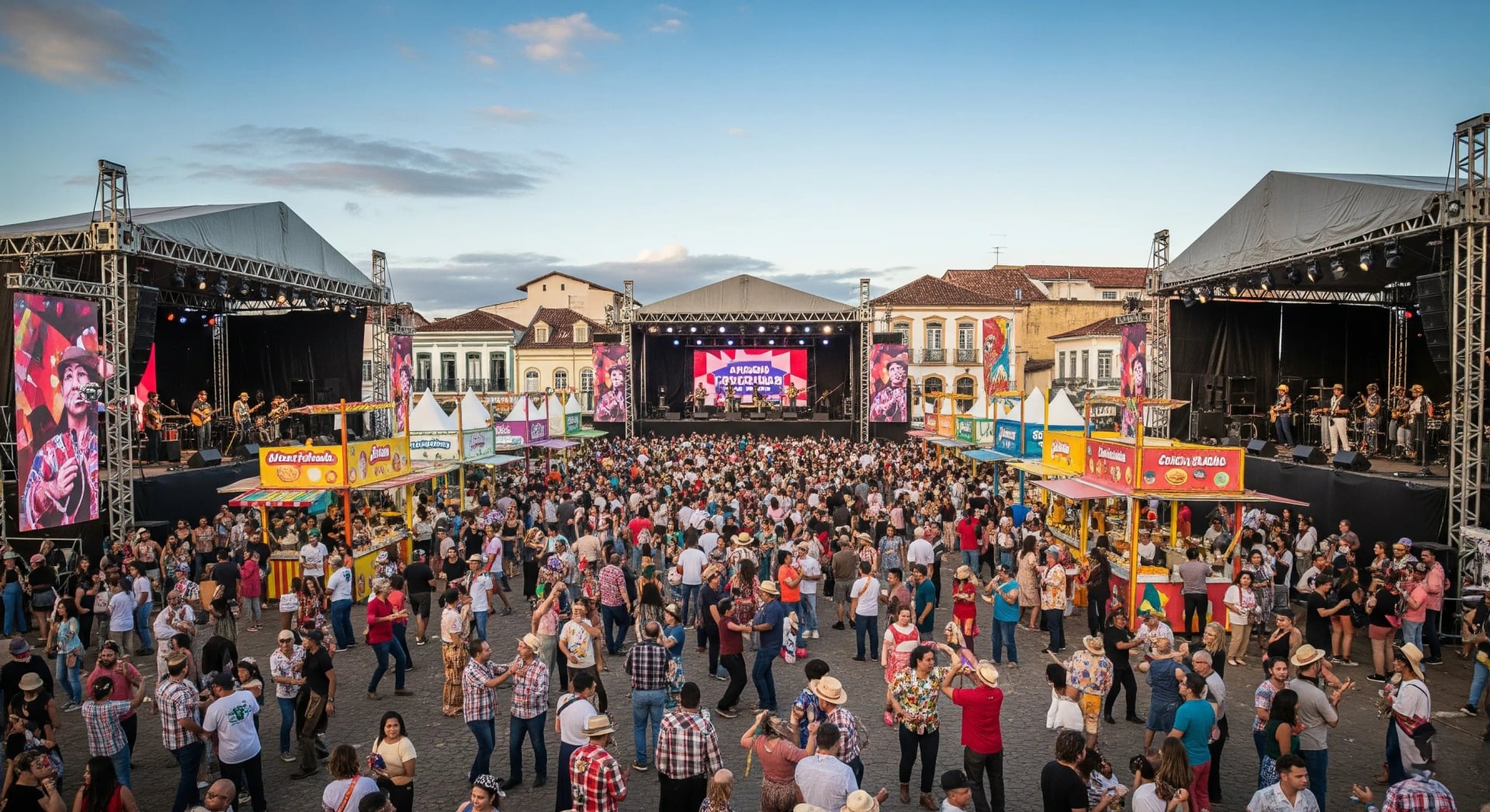Vista panorâmica do São João Campina Grande - Palcos iluminados, multidão animada dançando forró, barracas de comida tradicional nordestina, e arquitetura histórica de Campina Grande ao fundo