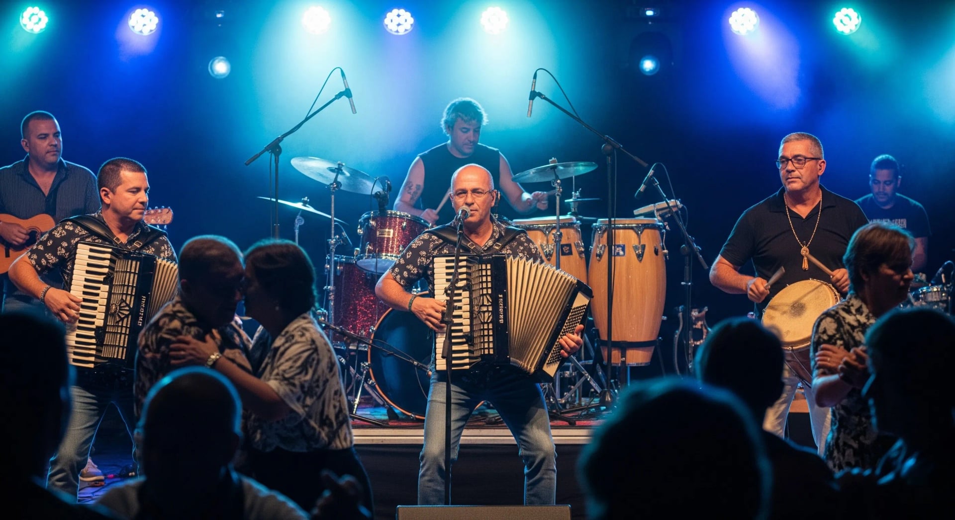Palco principal do forró com músicos tocando acordeão, zabumba e triângulo, multidão dançando ao ritmo da música nordestina brasileira