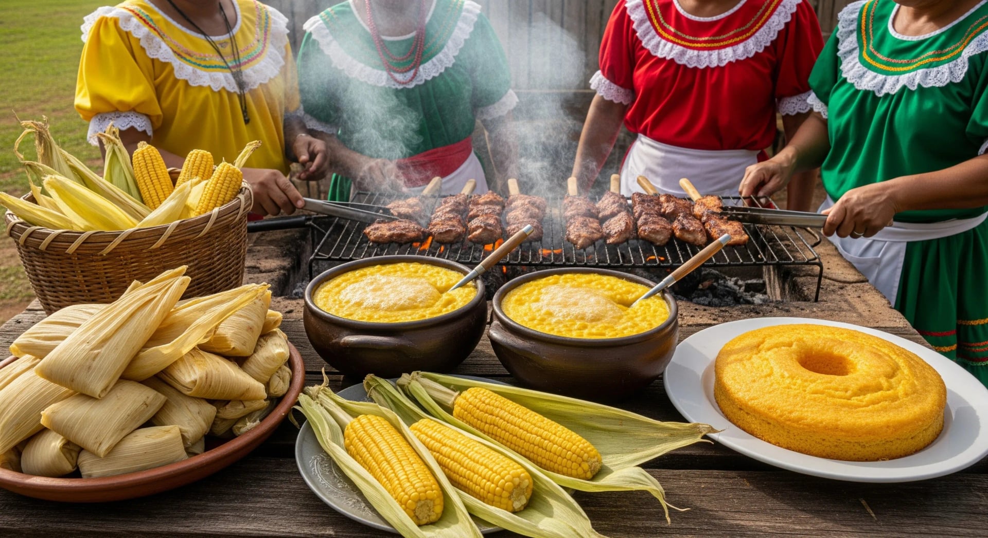 Pratos tradicionais nordestinos: canjica dourada, pamonha fresca, bolo de milho caseiro, e churrasco tradicional sendo preparado
