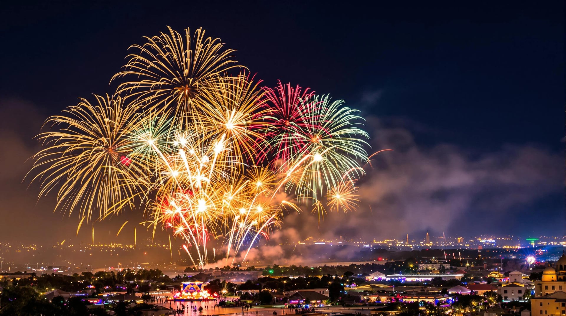 Fogos de artifício coloridos explodindo no céu noturno de Campina Grande, sincronizados com música forró, criando espetáculo visual deslumbrante