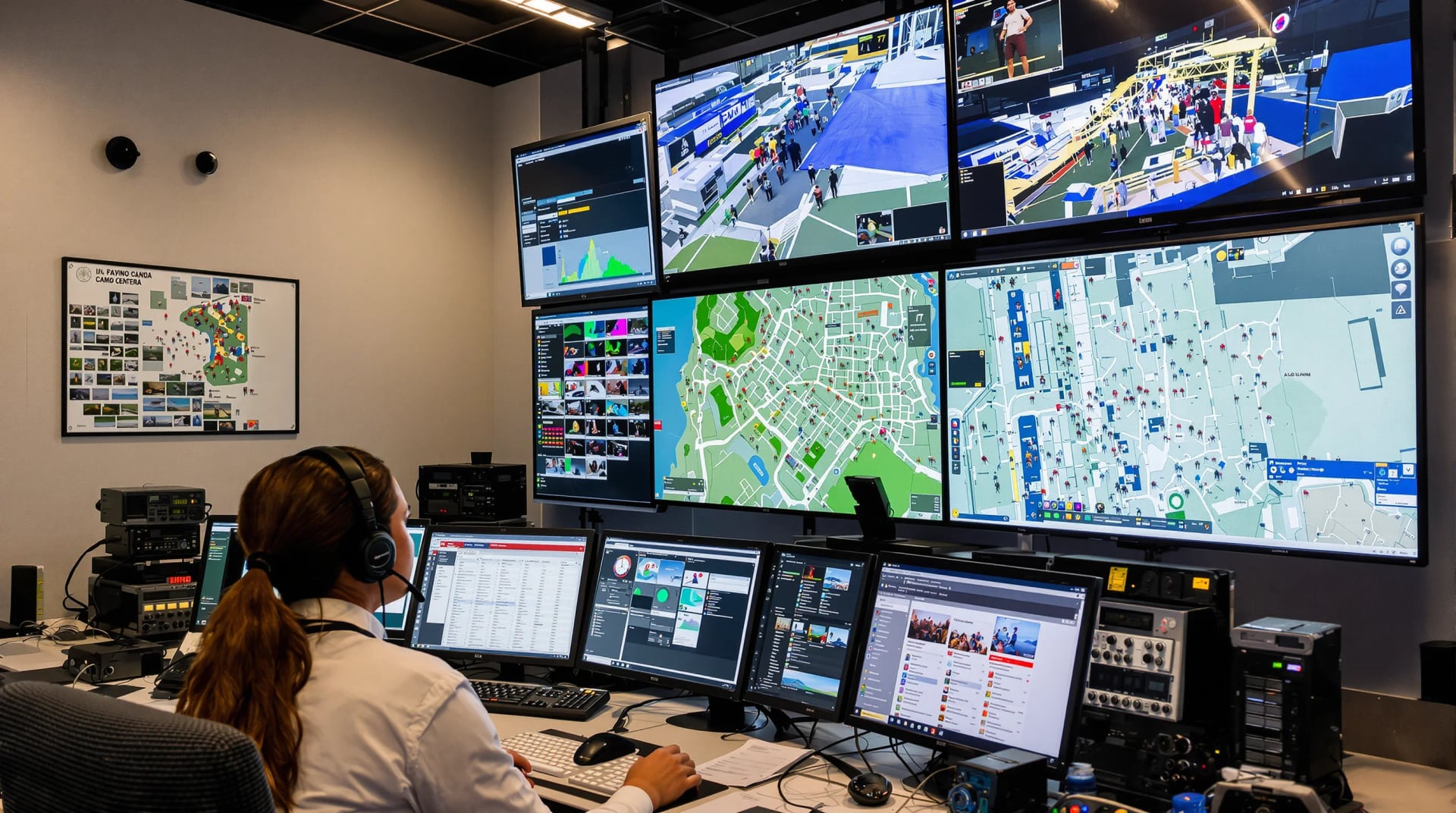 Centro de operações do festival em ação, monitores mostrando múltiplos locais, equipe coordenando movimentos VIP, e resposta rápida a emergências