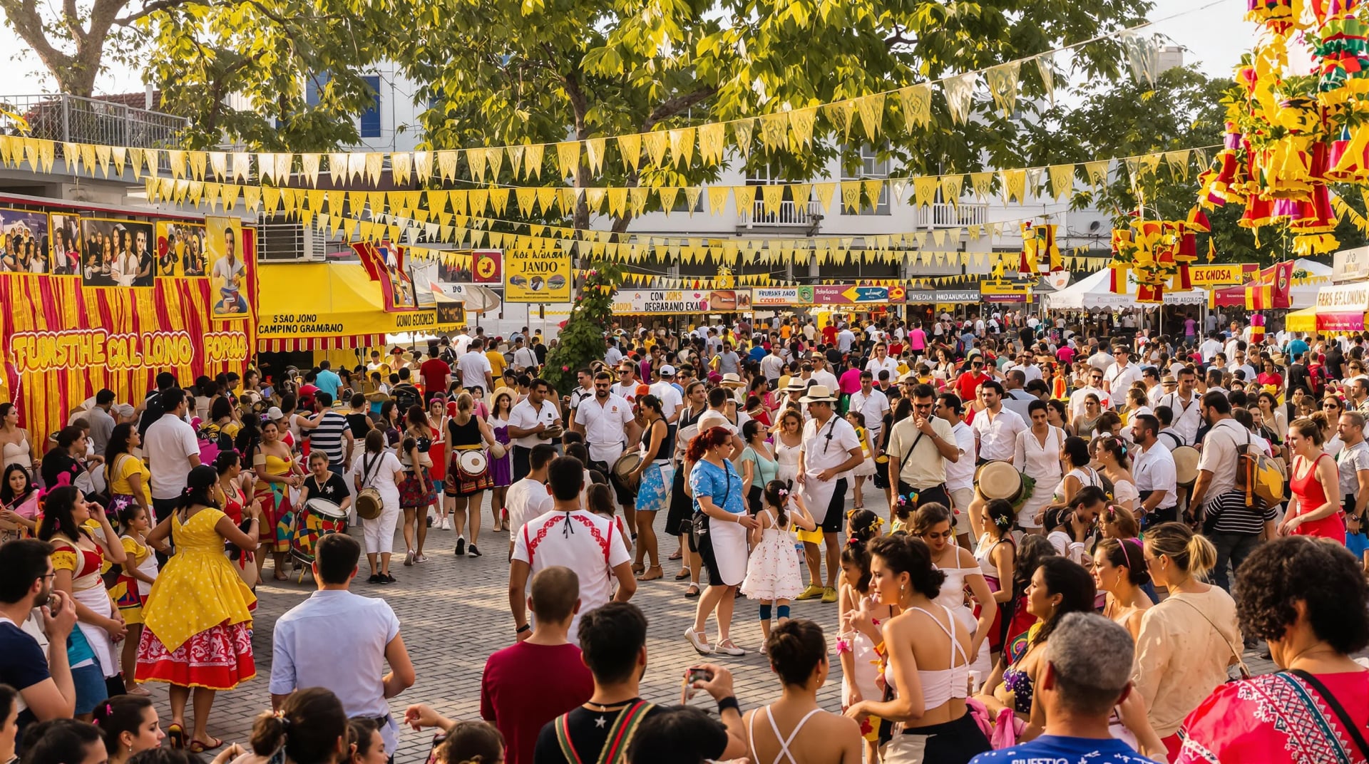 Área pública do festival com multidão diversificada, barracas de comida tradicional, palcos de música, e atmosfera festiva autêntica