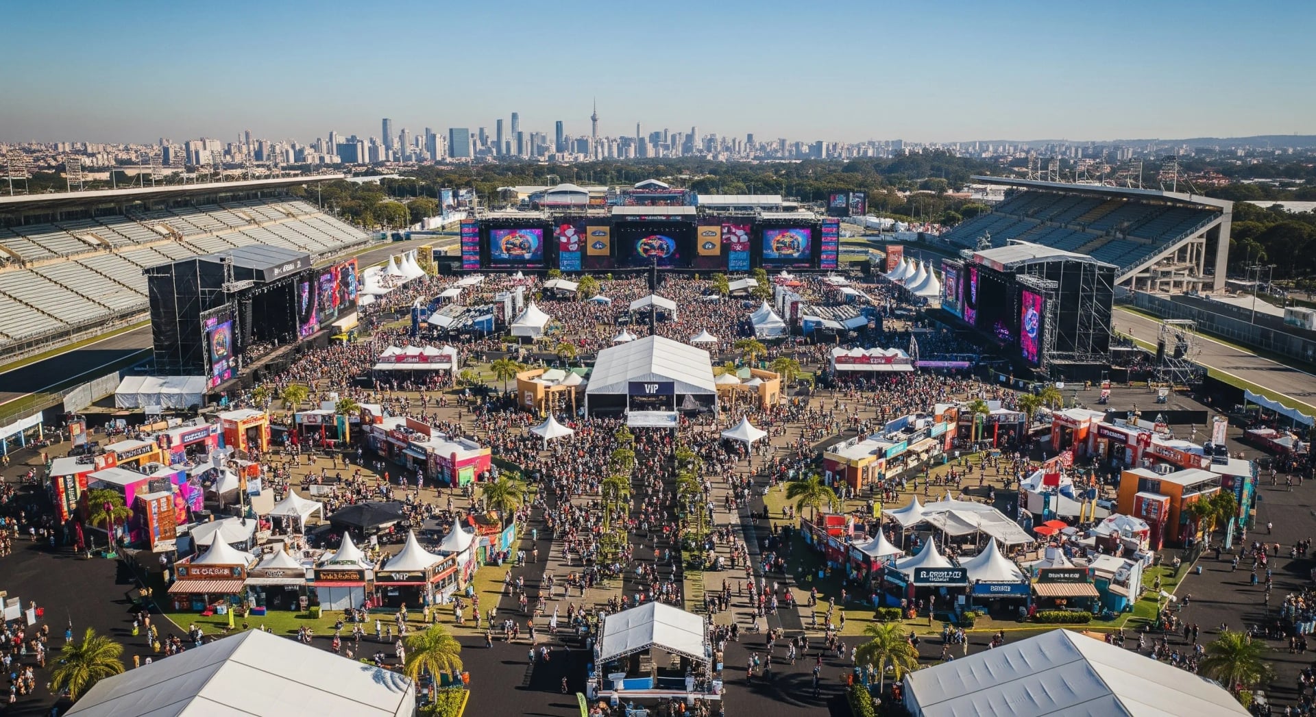Complexo Cidade da Música do The Town 2025 - Vista aérea do Autódromo de Interlagos transformado em mega festival, palcos múltiplos, e área de 350 mil m²