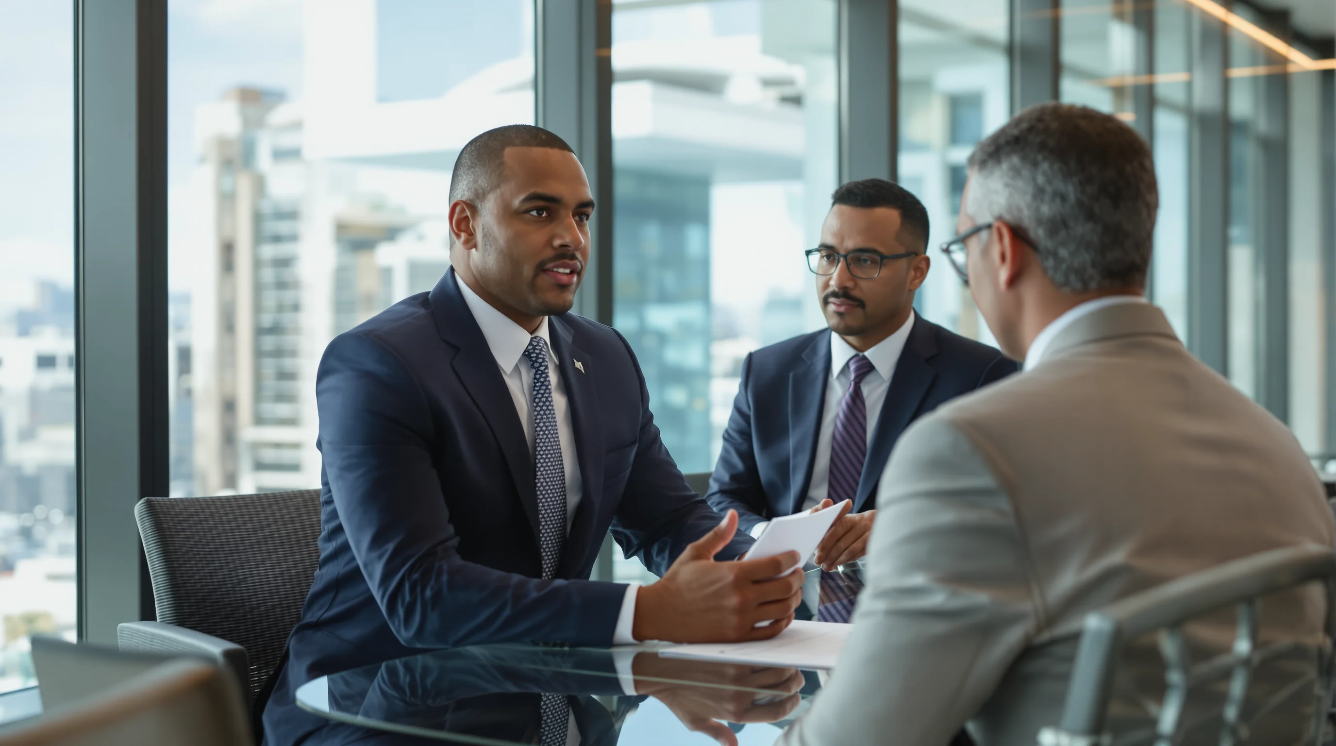 Executive protection consultation in modern São Paulo office - Vanguard Attaché