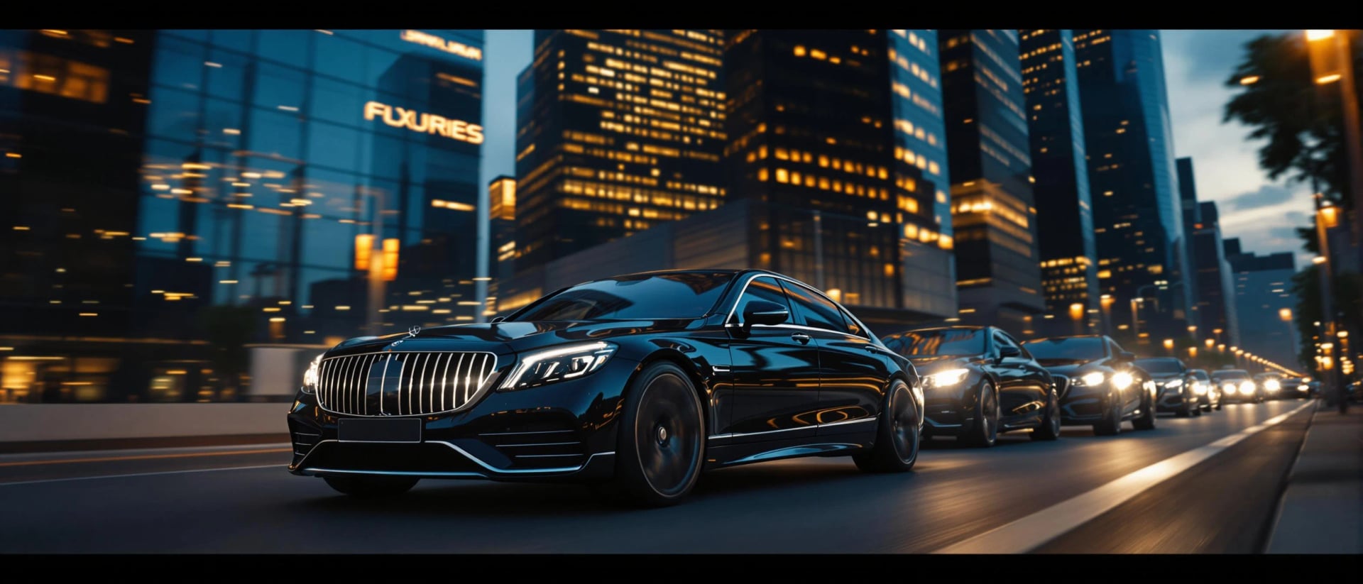 Elite executive protection convoy with armored Mercedes S-Class and BMW 7-Series at twilight in São Paulo business district