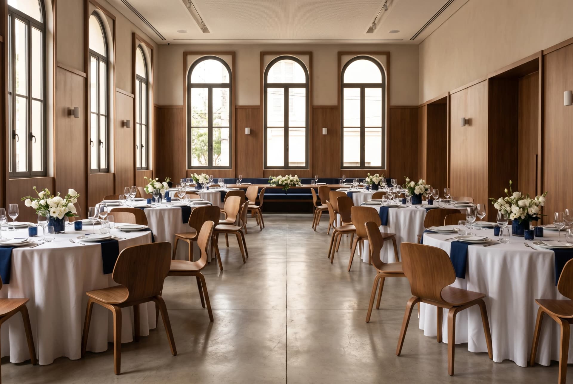 Illustration of an empty event room set with tables and chairs