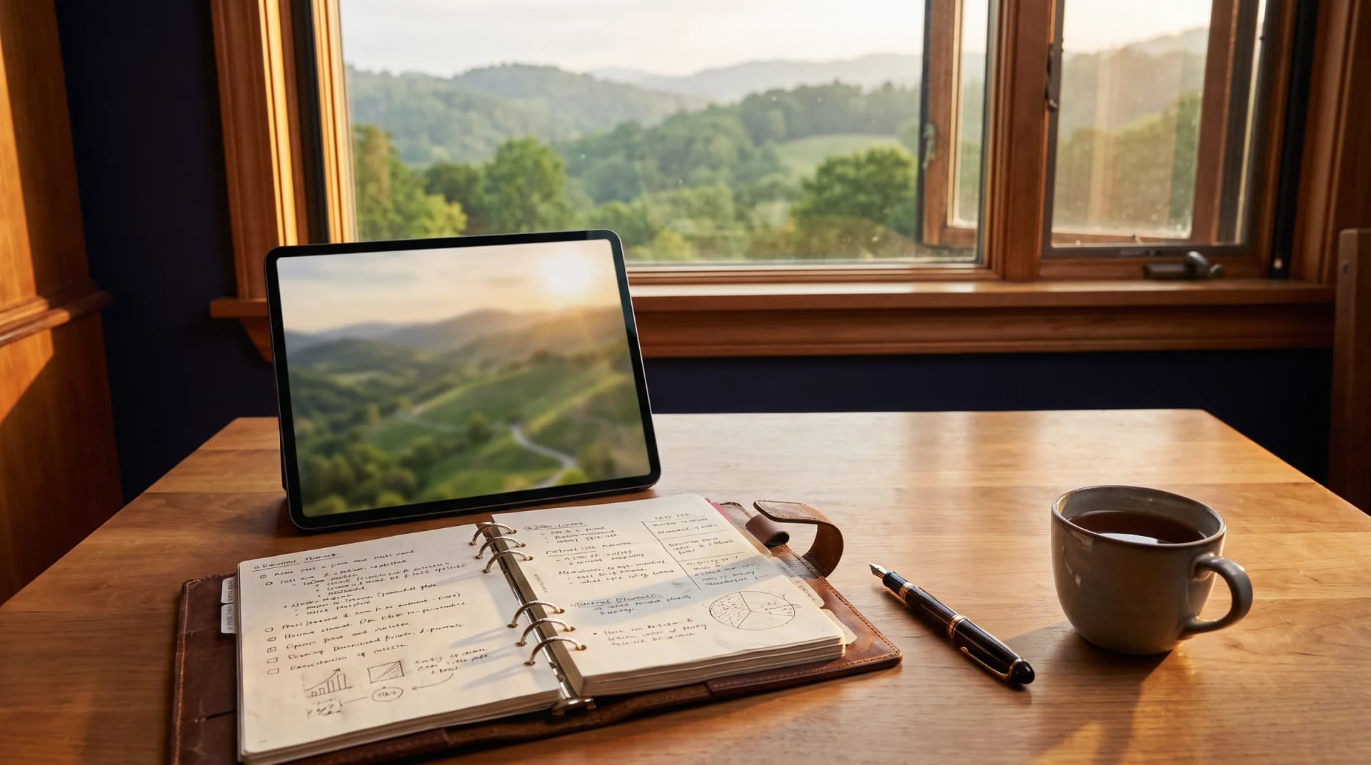 Agenda aberta, caneta, tablet com mapa e chá sobre uma mesa junto à janela