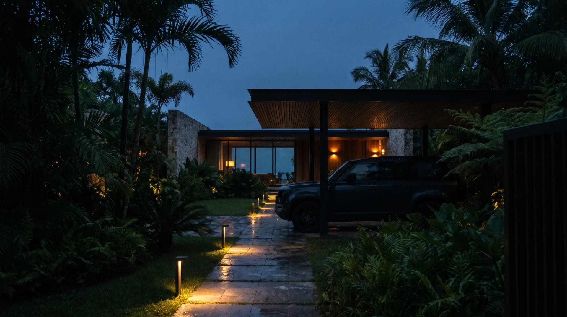Driveway of a secluded modernist villa at night with a dark SUV under a carport