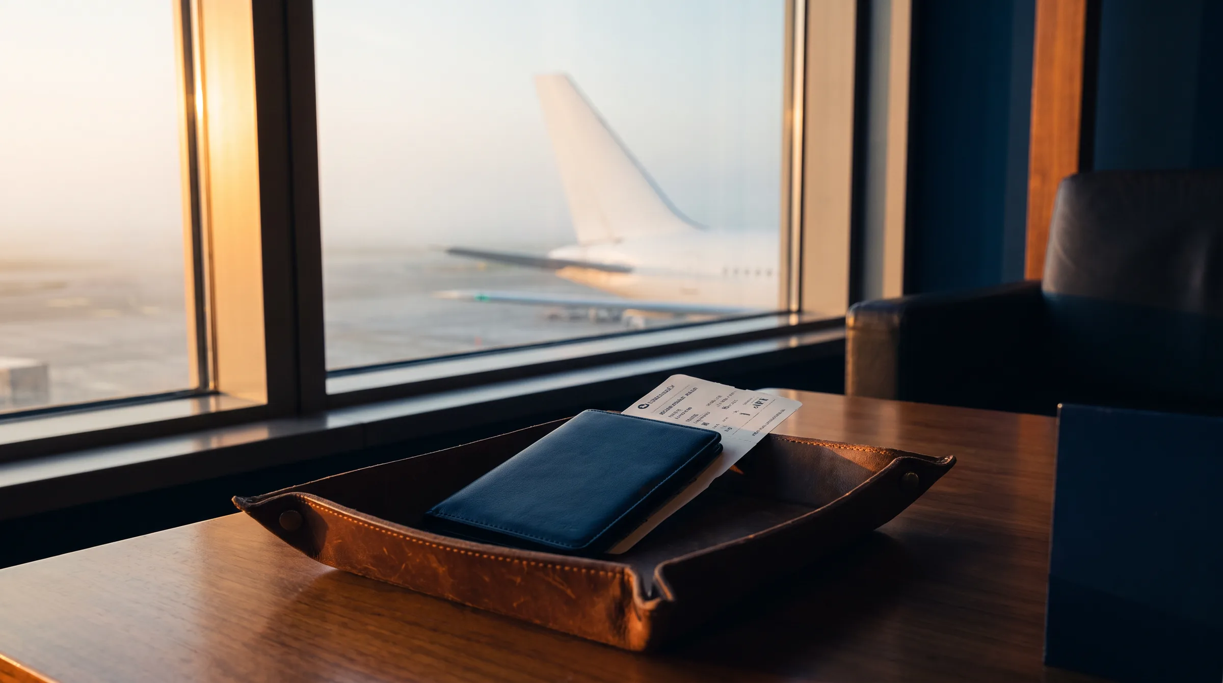 Passport wallet and boarding pass on a leather tray in an airport lounge at sunrise