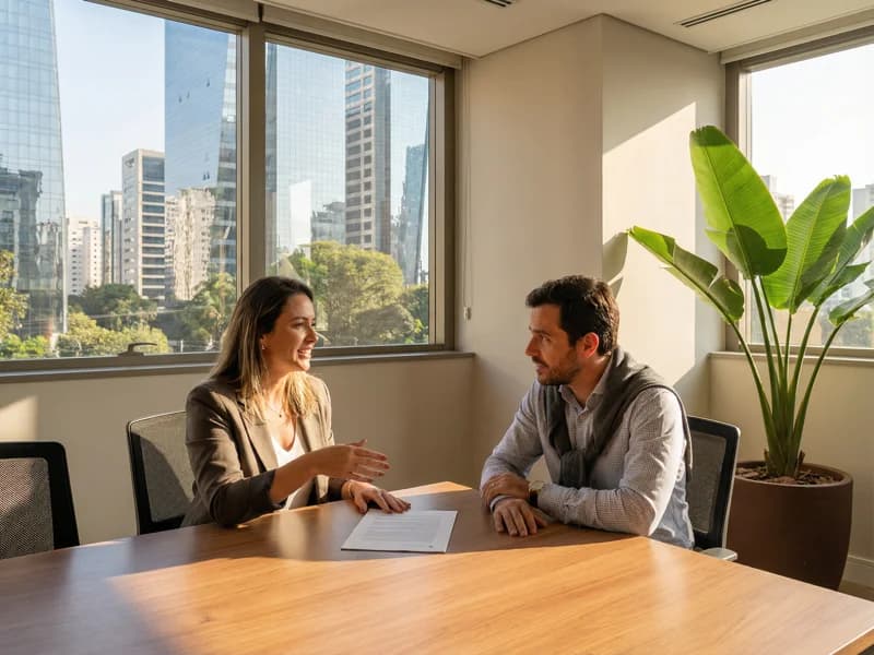 Two professionals reviewing credentials in São Paulo office