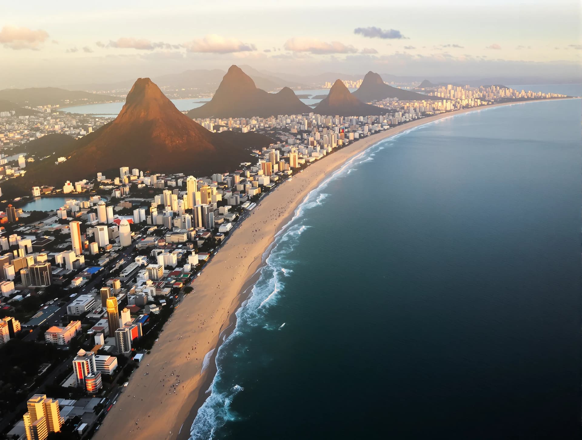 Litoral da Zona Sul do Rio de Janeiro mostrando Copacabana, Ipanema e Leblon durante o pôr do sol