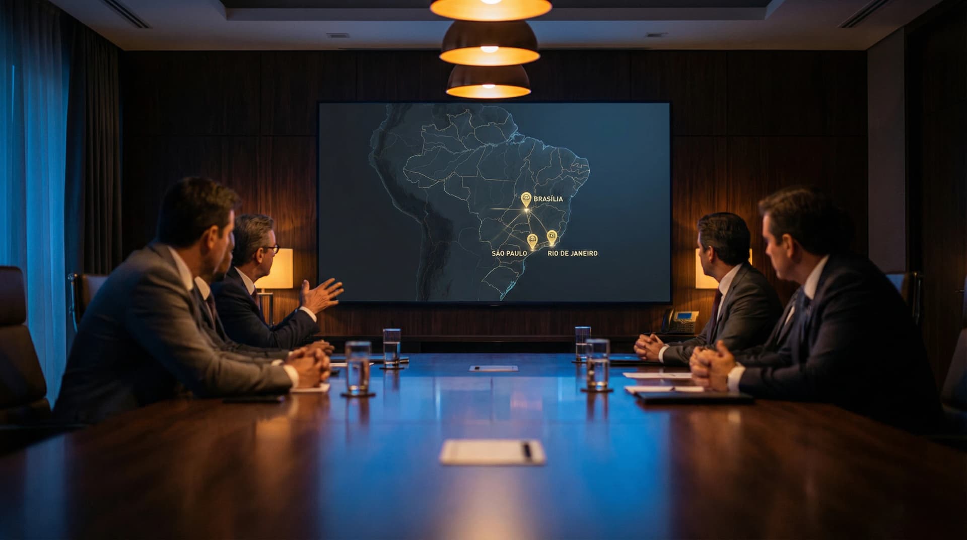 Security director conducting intelligence briefing with route maps in executive boardroom