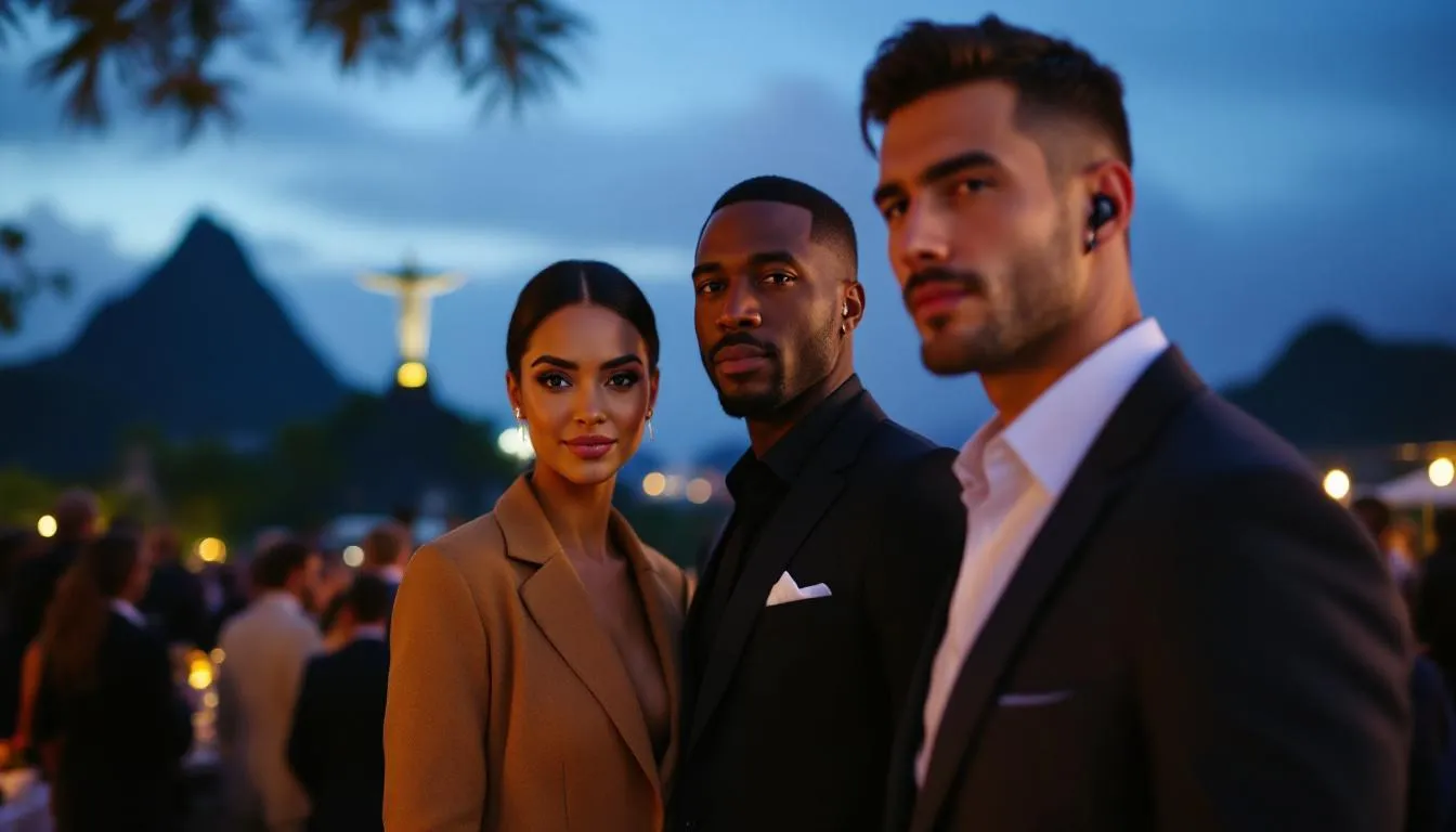 Equipe diversificada de proteção executiva brasileira fornecendo segurança VIP em evento sofisticado do Rio de Janeiro com Cristo Redentor visível ao fundo