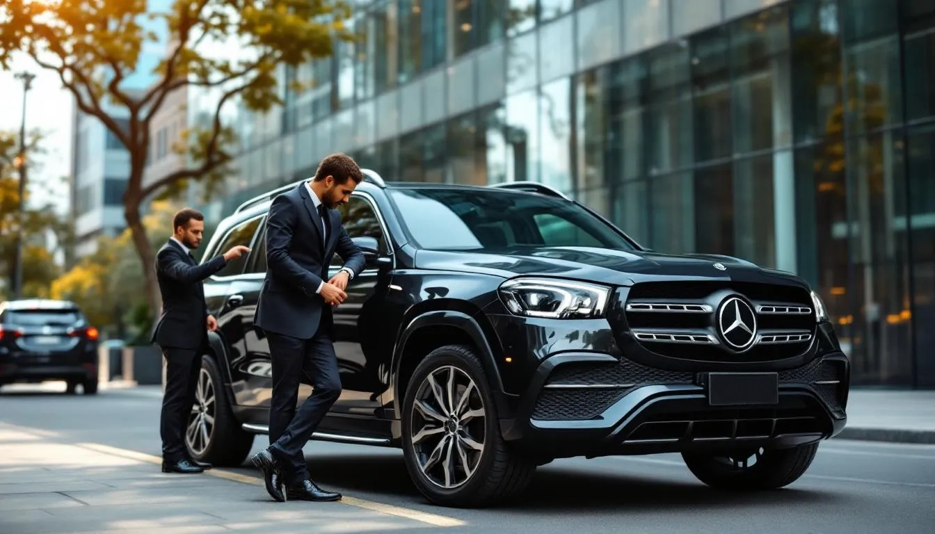 SUV de luxo com proteção balística discreta e especialistas em segurança brasileiros realizando verificação de perímetro no distrito empresarial de Jardins em São Paulo