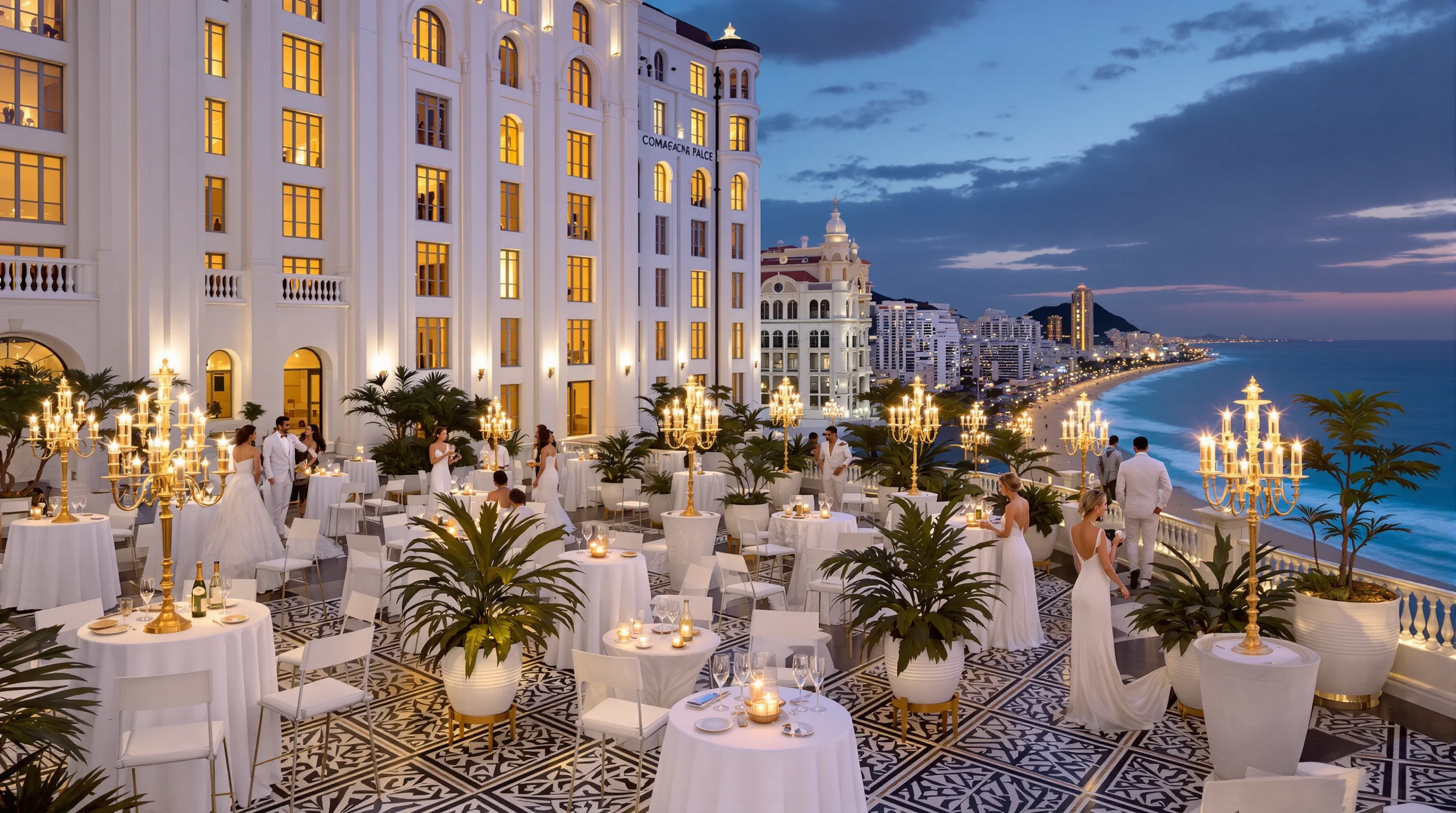 Terraço luxuoso do Copacabana Palace Hotel com festa exclusiva de visualização do Réveillon e convidados VIP
