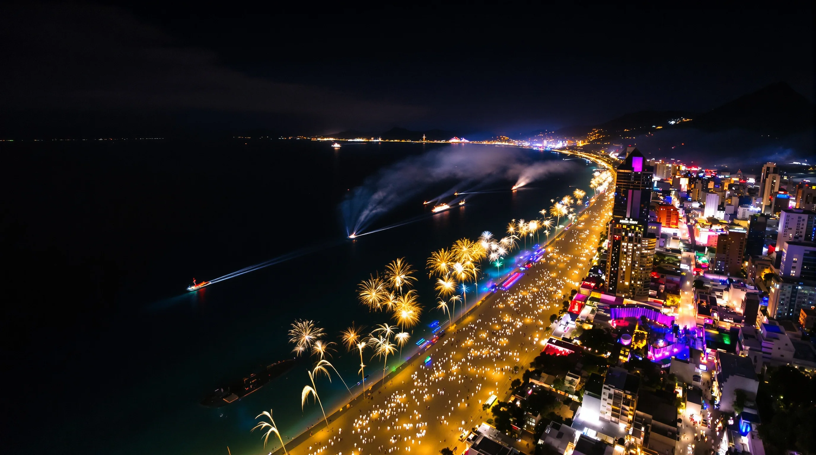 Vista panorâmica da queima de fogos de 12 minutos do Réveillon Rio sobre a Baía de Guanabara com Copacabana iluminada