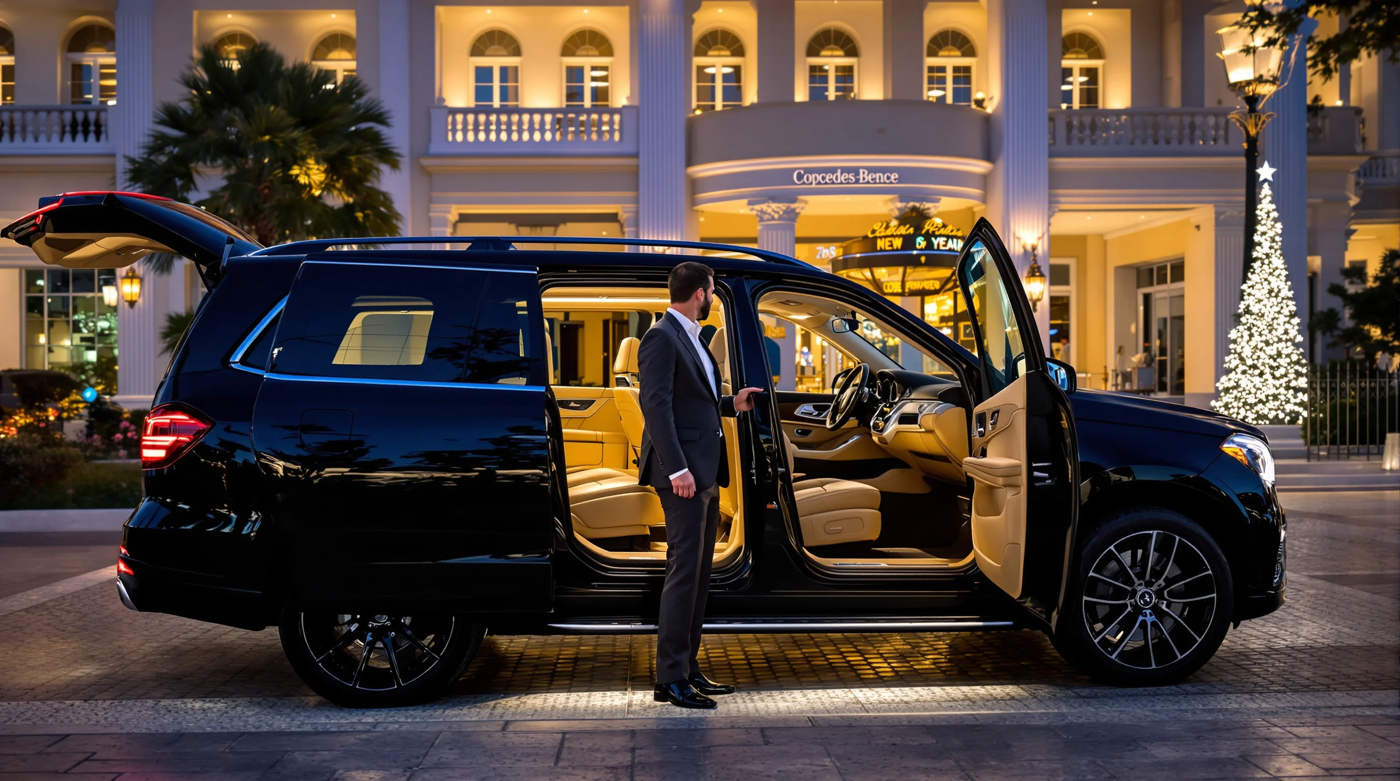 SUV blindado de luxo com equipe de segurança conduzindo transporte VIP seguro pelo Rio de Janeiro durante o Réveillon