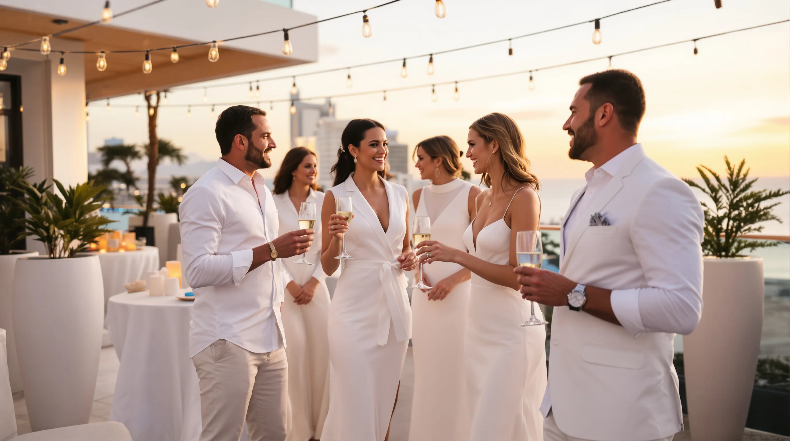 Convidados VIP em elegante linho branco em evento luxuoso na praia durante o Réveillon do Rio